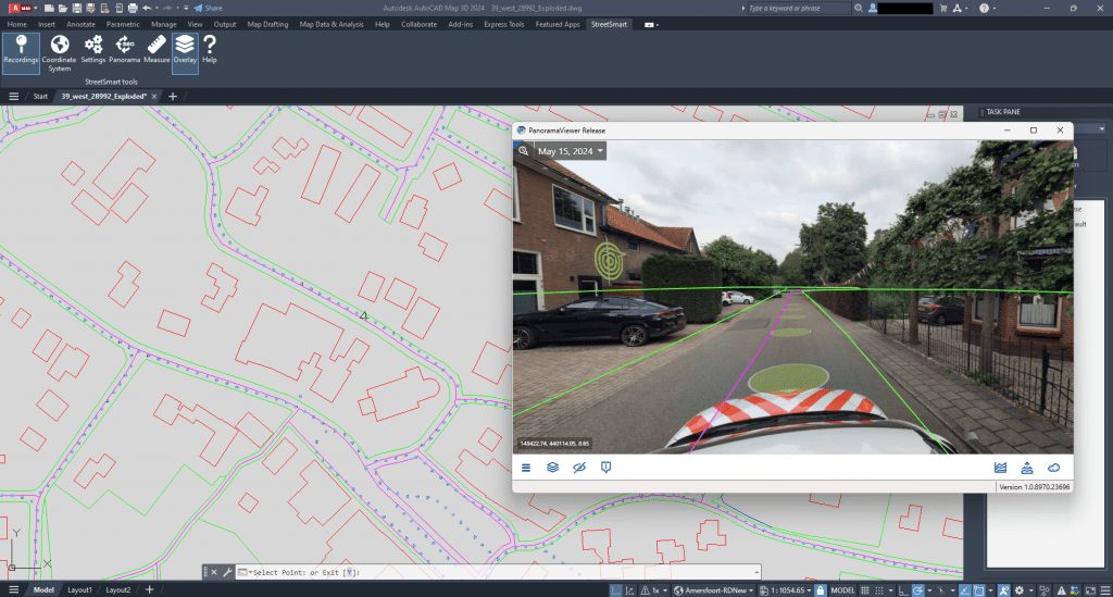 Street Smart-panoramaviewer naast een AutoCAD-tekening